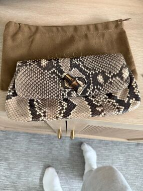 Gucci Python Leather Clutch with Bamboo Accent in Beige and Brown